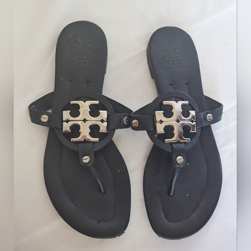 Tory Burch Miller sandals dark navy metallic logo 7.5